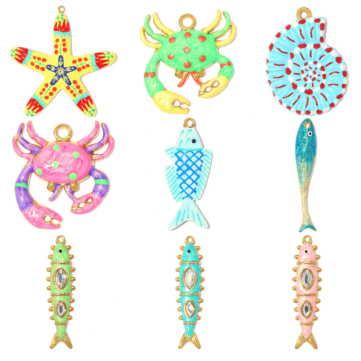 6pcs/pack Stainless Steel Rainbow Enamel Crab DIY Charms Rhinestone Fish Starfish Necklace Pendant Women Conch Jewelry Wholesale