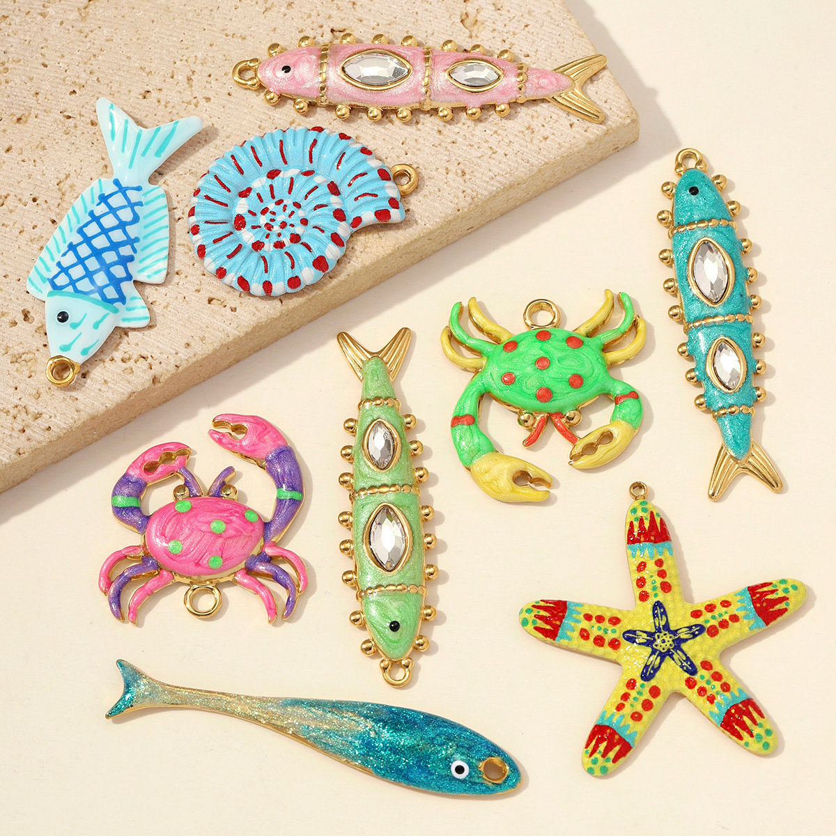 6pcs/pack Stainless Steel Rainbow Enamel Crab DIY Charms Rhinestone Fish Starfish Necklace Pendant Women Conch Jewelry Wholesale
