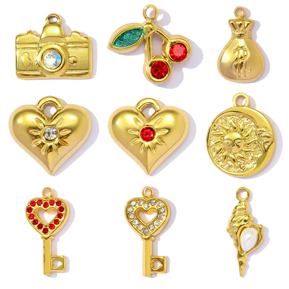 6pcs/pack Stainless Steel Rhinestone Camera Heart Key Conch Cherry Charms for Women DIY Jewelry Bracelet Pendants