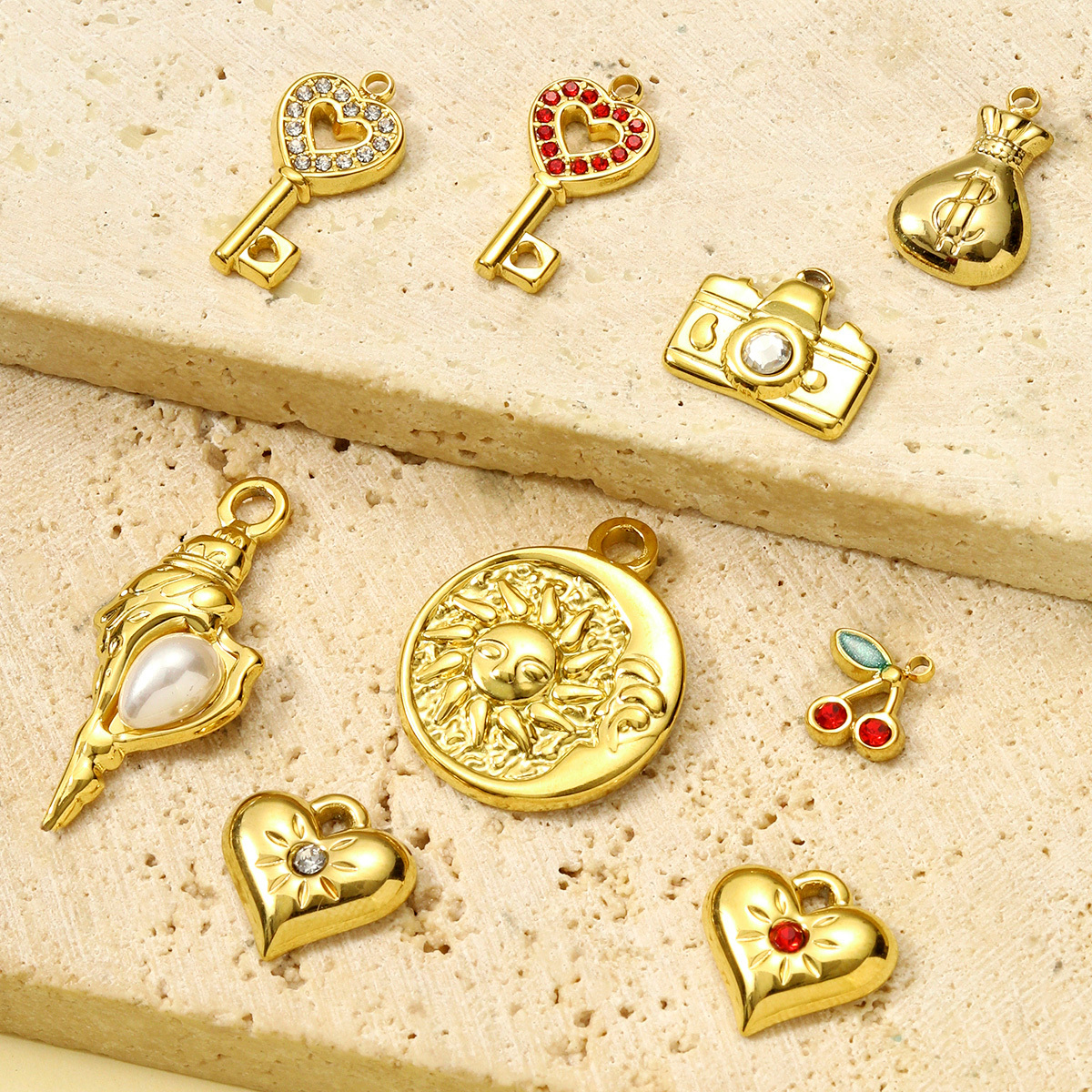 6pcs/pack Stainless Steel Rhinestone Camera Heart Key Conch Cherry Charms for Women DIY Jewelry Bracelet Pendants