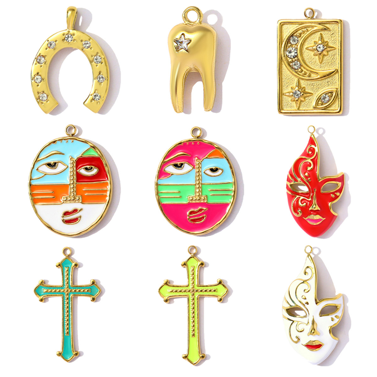 6pcs/pack Cross Human Face Mask Stainless Steel Horseshoe teeth Pendants for Women DIY Jewelry Necklace Making Charms