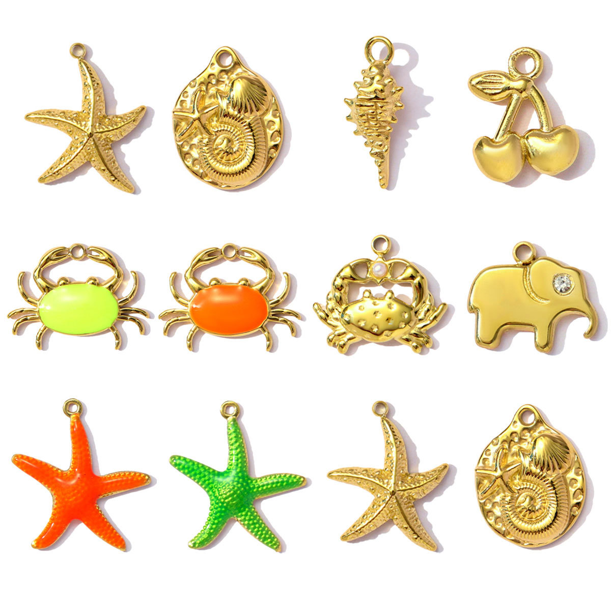6pcs/pack Stainless Steel Enamel Starfish Snakehead Crab Pendants Elephant Cherry Charms for Women DIY Jewelry Necklace Bracelet Making