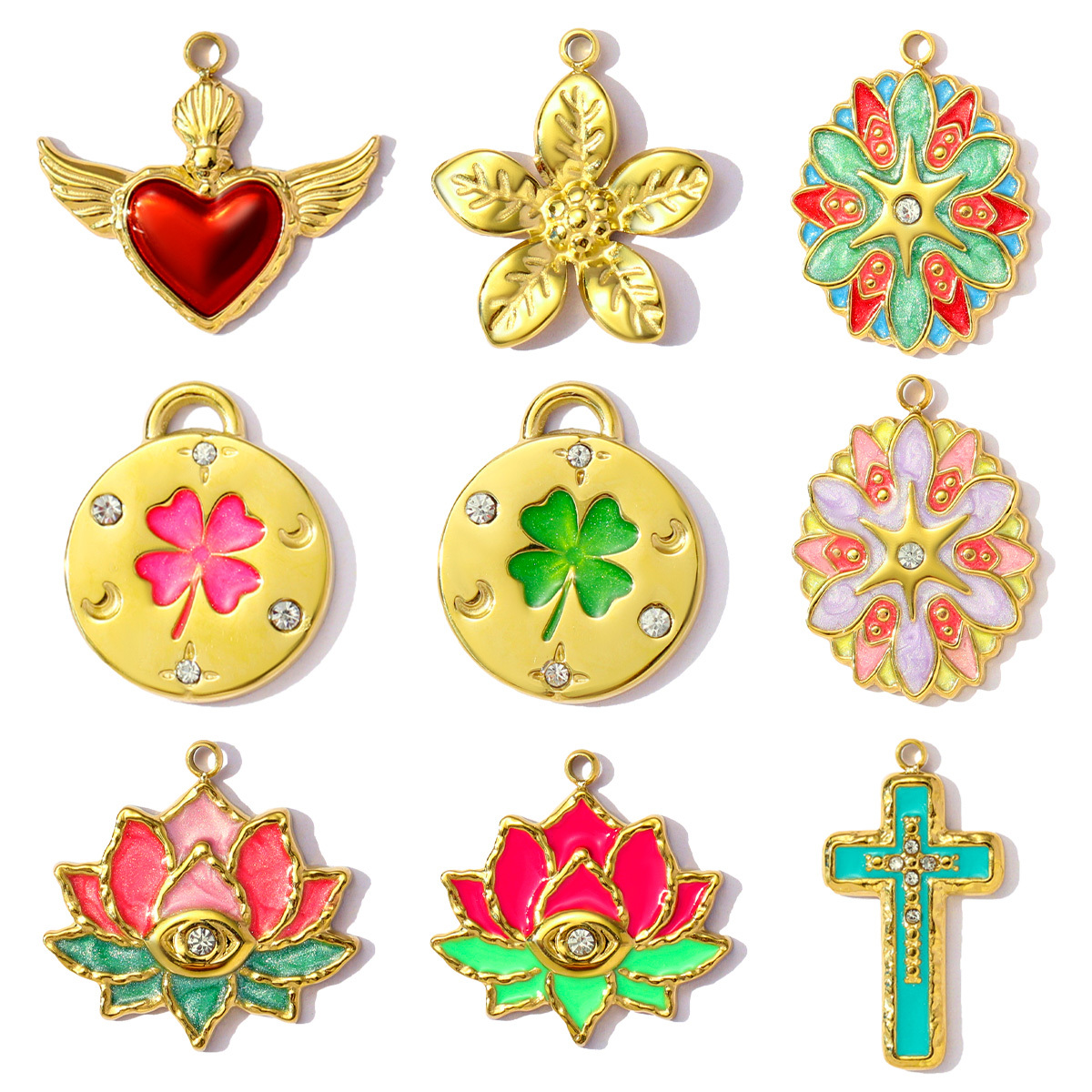 6pcs/pack Lucky Clover Lotus Stainless Steel Enamel Flower Heart Pendants Cross Charms for Women DIY Jewelry Necklace Making
