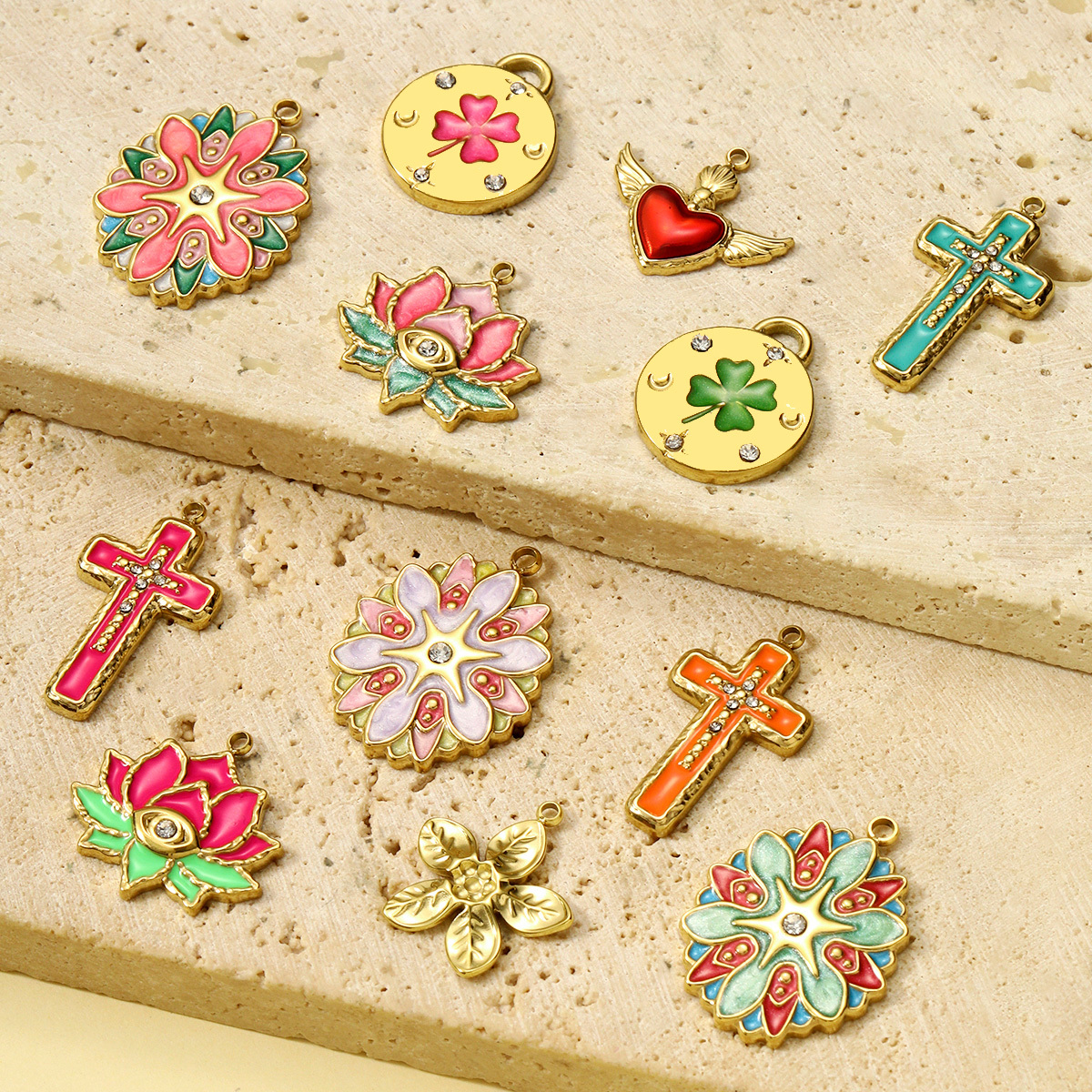 6pcs/pack Lucky Clover Lotus Stainless Steel Enamel Flower Heart Pendants Cross Charms for Women DIY Jewelry Necklace Making