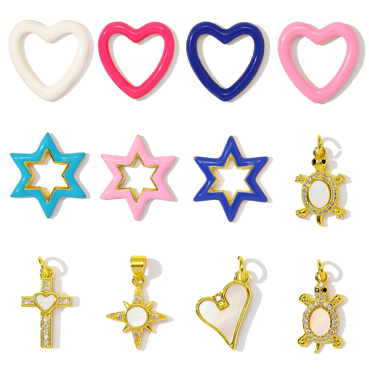 6pcs/pack Copper Cubic Zircon Enamel Heart Hexagram Diy Charms Women Cross Turtle Star Necklace Pendants Heart Jewelry Wholesale