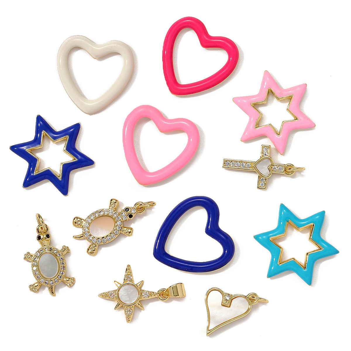 6pcs/pack Copper Cubic Zircon Enamel Heart Hexagram Diy Charms Women Cross Turtle Star Necklace Pendants Heart Jewelry Wholesale