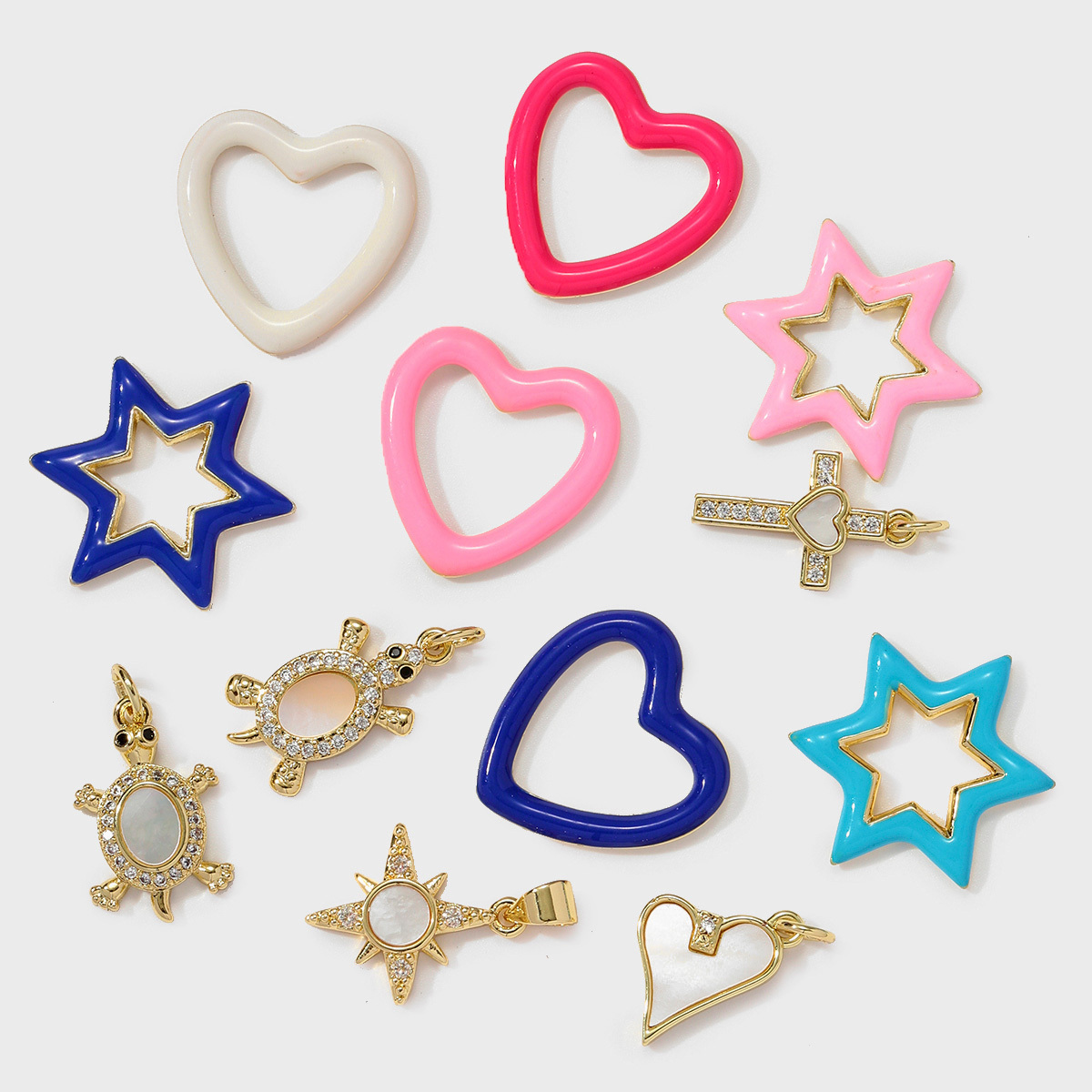 6pcs/pack Copper Cubic Zircon Enamel Heart Hexagram Diy Charms Women Cross Turtle Star Necklace Pendants Heart Jewelry Wholesale