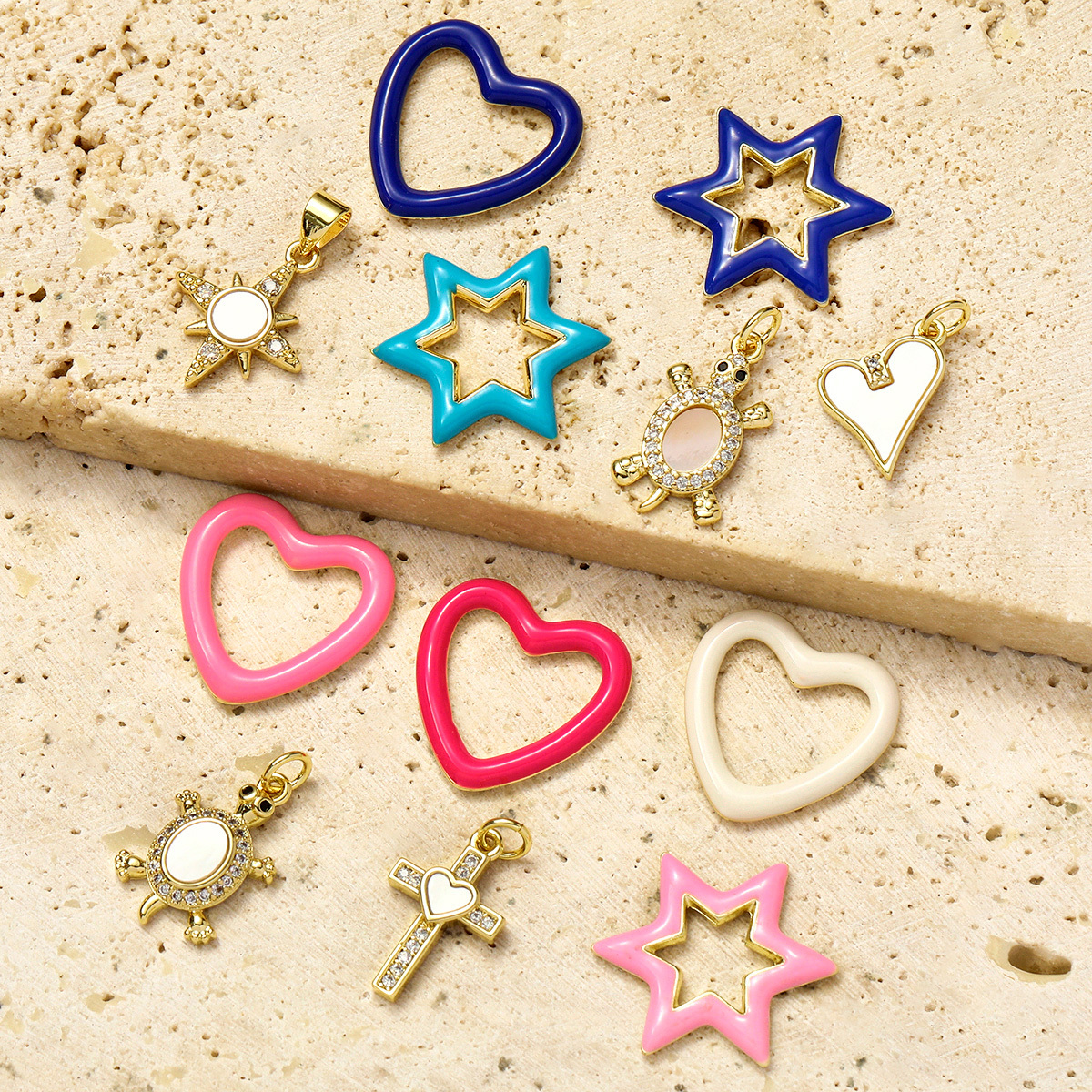 6pcs/pack Copper Cubic Zircon Enamel Heart Hexagram Diy Charms Women Cross Turtle Star Necklace Pendants Heart Jewelry Wholesale