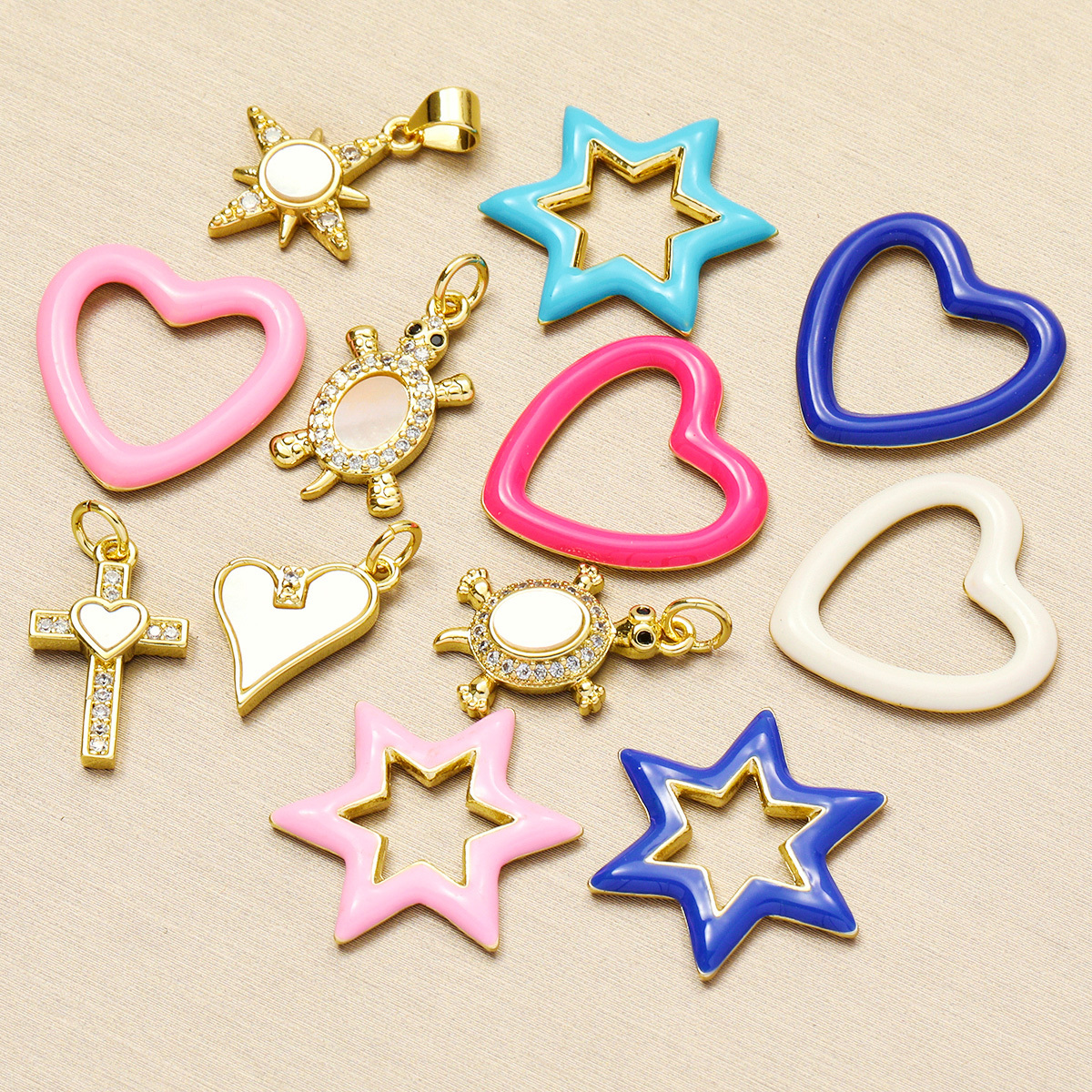 6pcs/pack Copper Cubic Zircon Enamel Heart Hexagram Diy Charms Women Cross Turtle Star Necklace Pendants Heart Jewelry Wholesale