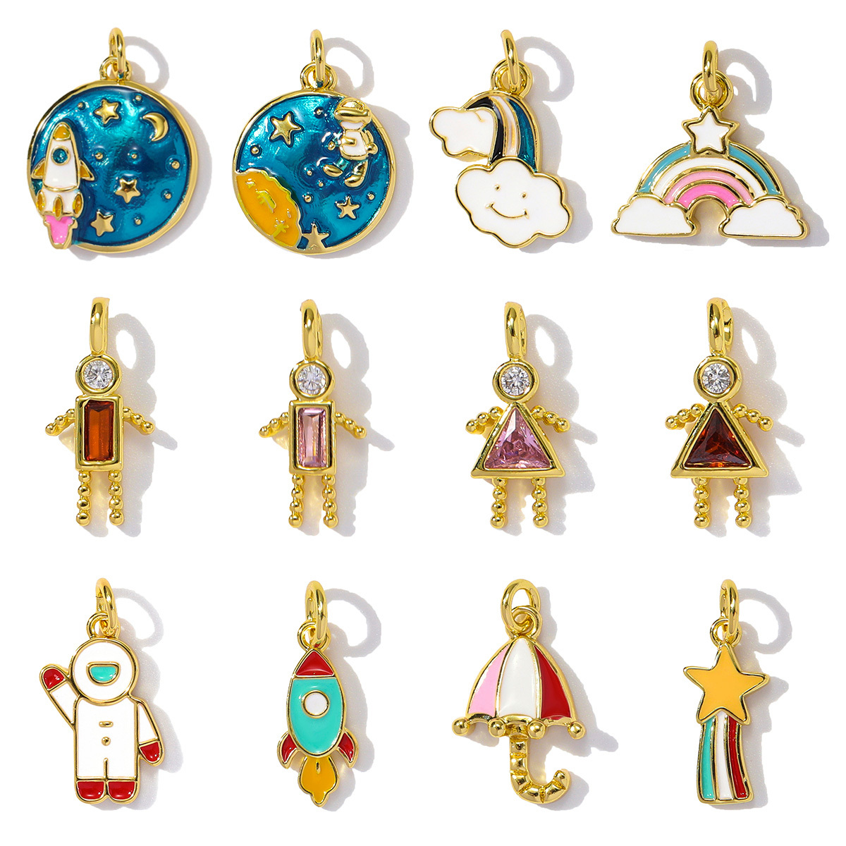 6pcs/pack Wholesale Copper Cute Boy Girl Diy Charms Women Astronauts Spacecraft Necklace Pendants Rainbow Umbrella Jewelry