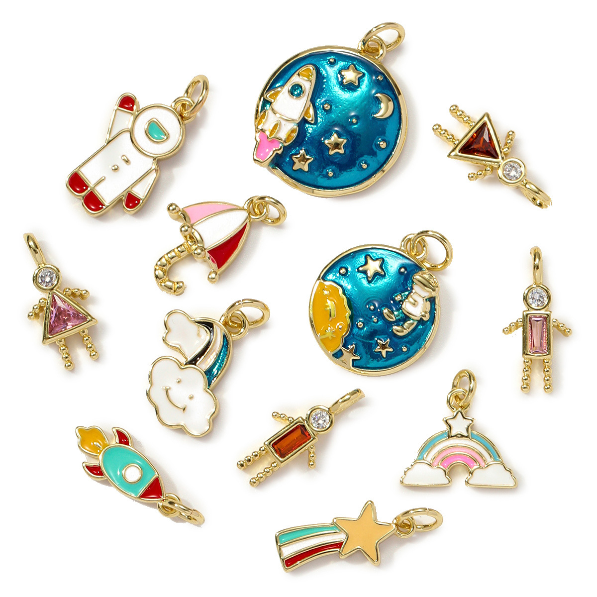 6pcs/pack Wholesale Copper Cute Boy Girl Diy Charms Women Astronauts Spacecraft Necklace Pendants Rainbow Umbrella Jewelry