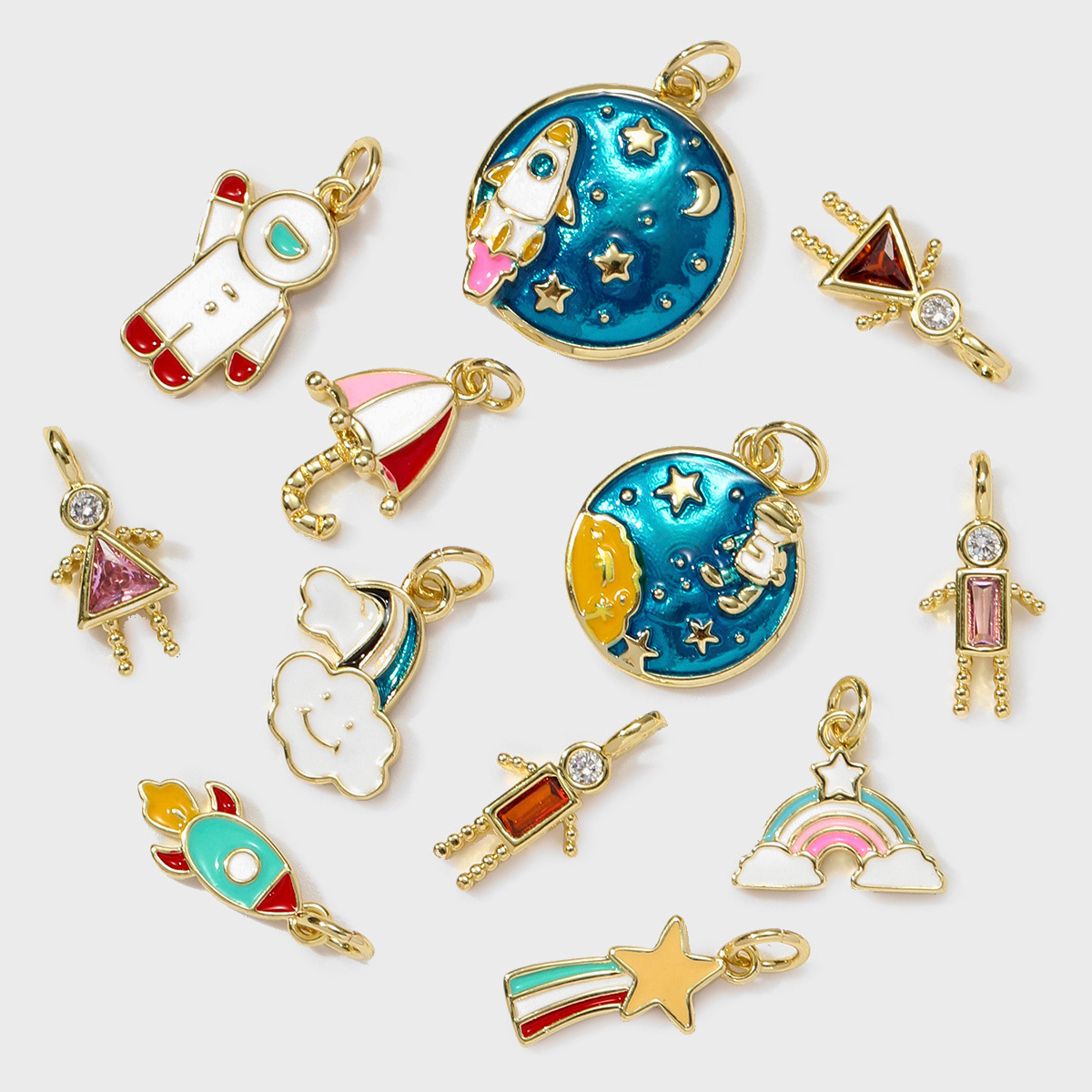 6pcs/pack Wholesale Copper Cute Boy Girl Diy Charms Women Astronauts Spacecraft Necklace Pendants Rainbow Umbrella Jewelry