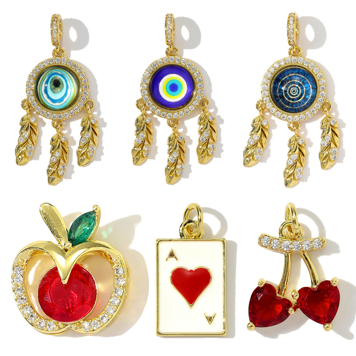 6pcs/pack Wholesale Copper Cubic Zircon Dream Catcher Diy Charms Women Heart Poker Necklace Pendants Cherry Apple Jewelry