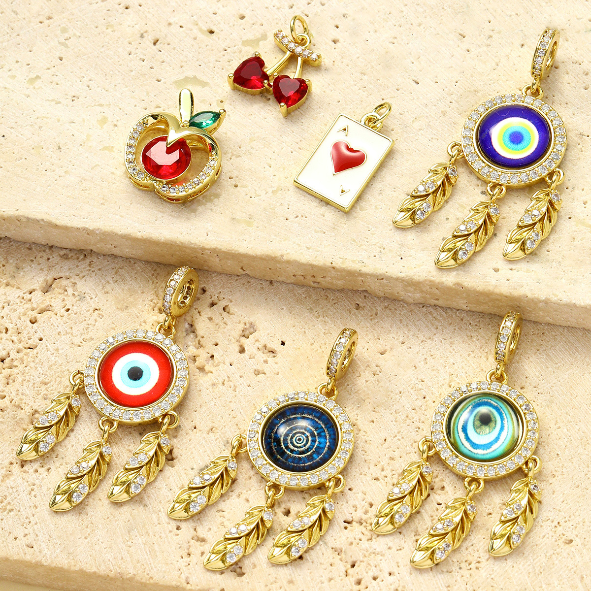 6pcs/pack Wholesale Copper Cubic Zircon Dream Catcher Diy Charms Women Heart Poker Necklace Pendants Cherry Apple Jewelry