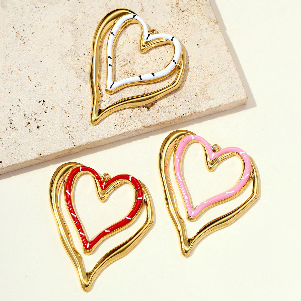6pcs/pack French Retro Stainless Steel Love Heart Necklace Pendants Enamel Hollow DIY Earring Charms Women Big Size Jewelry