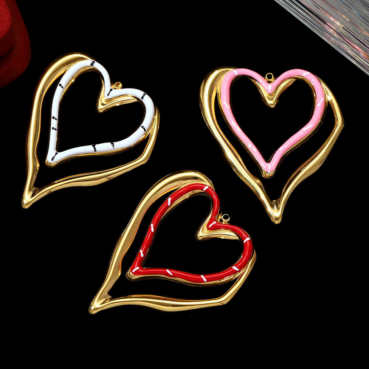 6pcs/pack French Retro Stainless Steel Love Heart Necklace Pendants Enamel Hollow DIY Earring Charms Women Big Size Jewelry