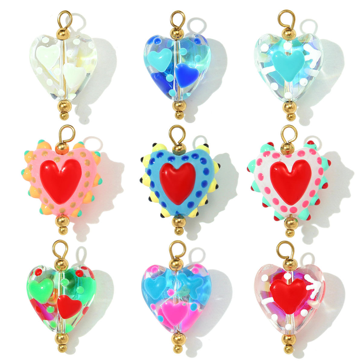 6pcs/pack Cute Stainless Steel Heart Lampwork Glass Necklace Pendant Love DIY Earring Charms Women Handmade Twisted Wire Jewelry