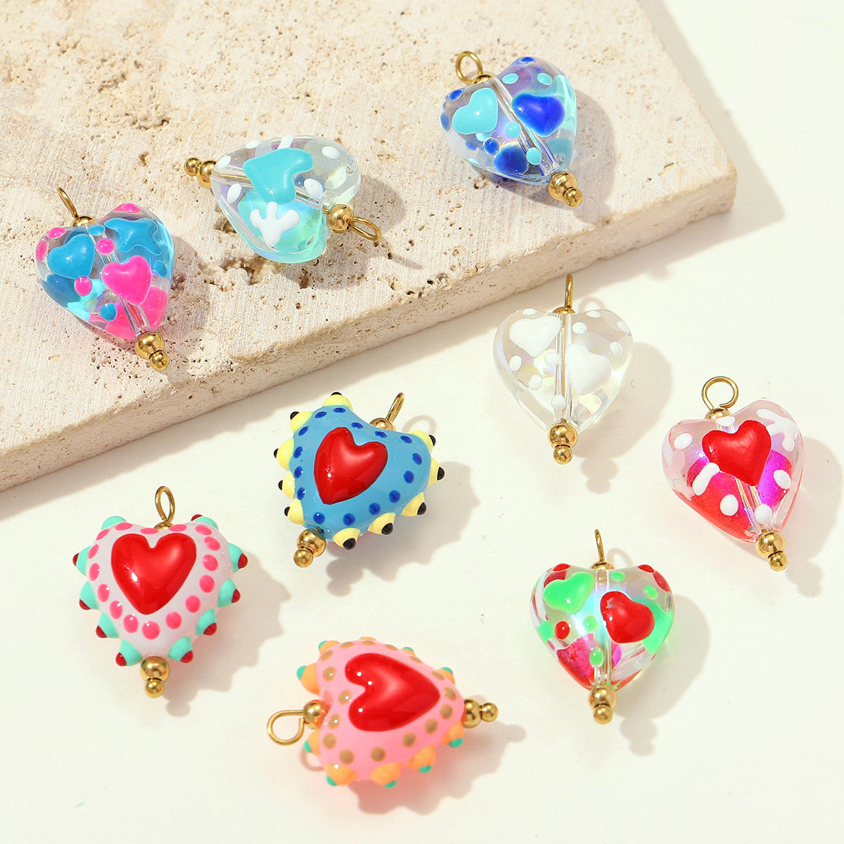 6pcs/pack Cute Stainless Steel Heart Lampwork Glass Necklace Pendant Love DIY Earring Charms Women Handmade Twisted Wire Jewelry