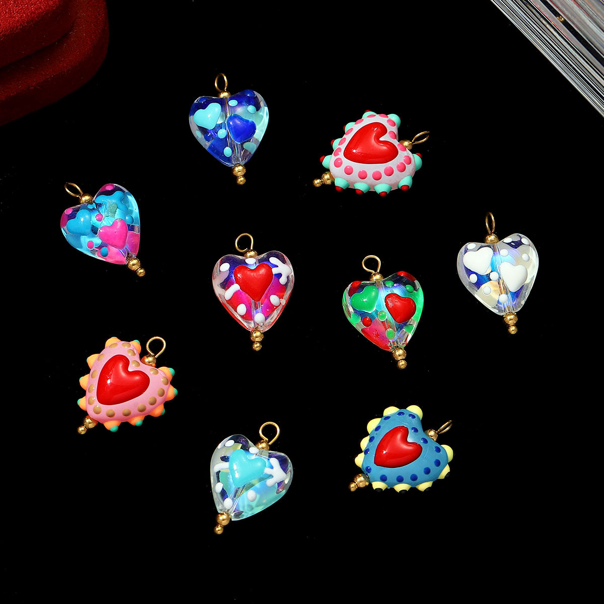 6pcs/pack Cute Stainless Steel Heart Lampwork Glass Necklace Pendant Love DIY Earring Charms Women Handmade Twisted Wire Jewelry