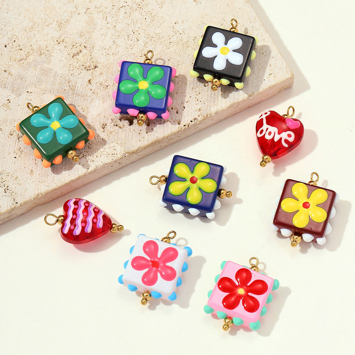 6pcs/pack Stainless Steel Lampwork Glass Daisy Flower Necklace Pendant Love Heart DIY Earring Charms Women Coloured Glaze Jewelry