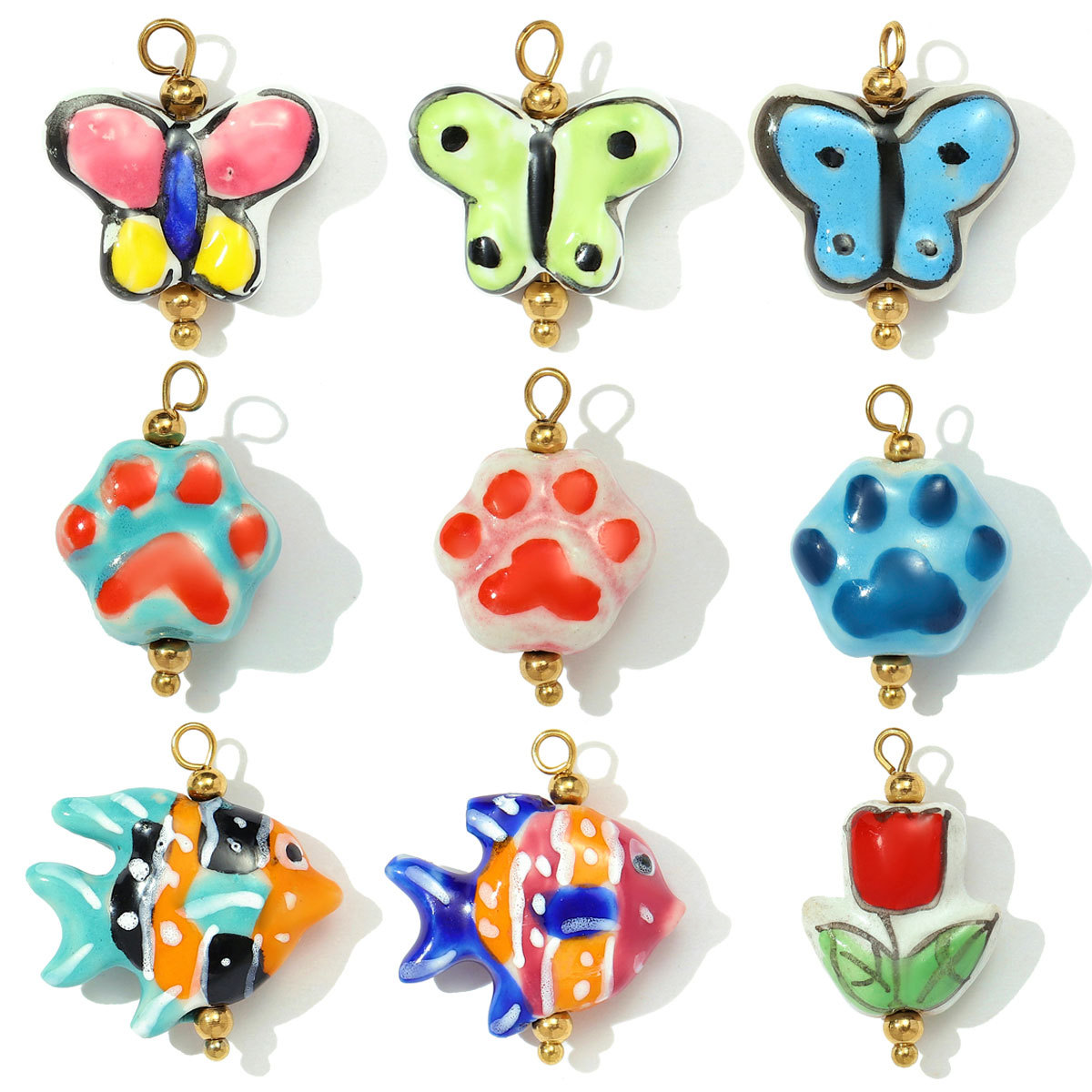 6pcs/pack Stainless Steel Colored Ceramic Paw Fish Necklace Pendant Rose Butterfly DIY Earring Charms Women Tulip Flower Jewelry