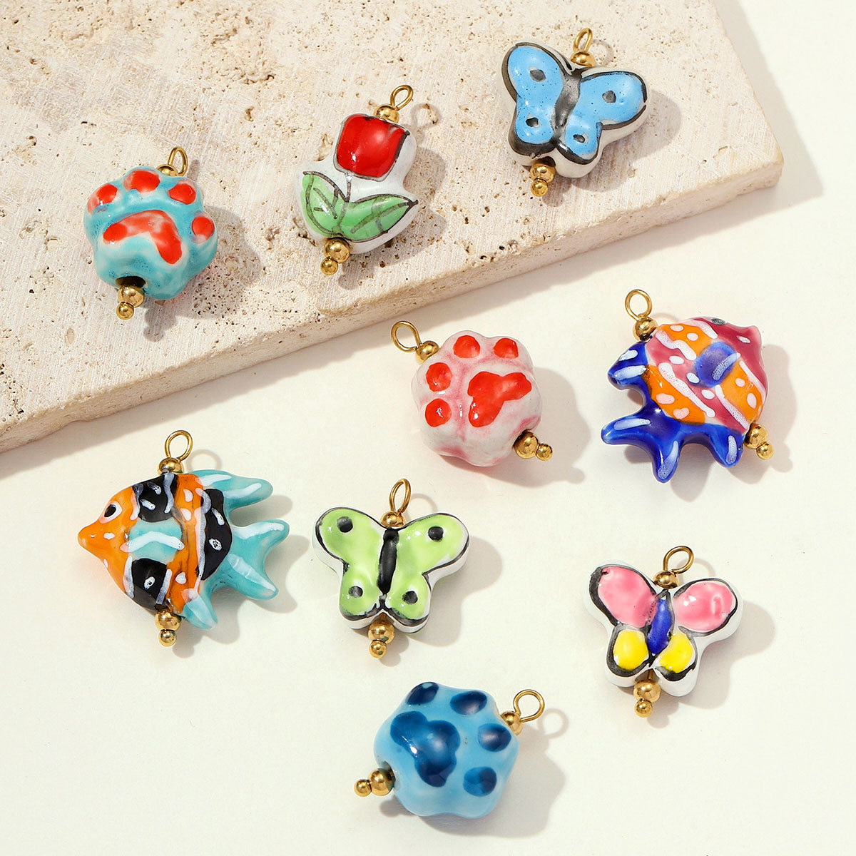6pcs/pack Stainless Steel Colored Ceramic Paw Fish Necklace Pendant Rose Butterfly DIY Earring Charms Women Tulip Flower Jewelry