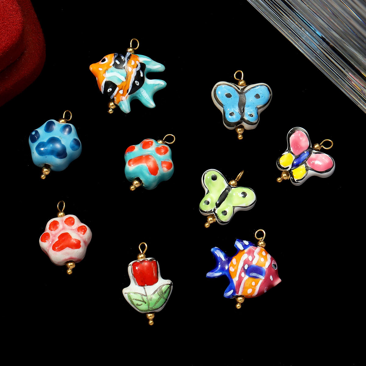 6pcs/pack Stainless Steel Colored Ceramic Paw Fish Necklace Pendant Rose Butterfly DIY Earring Charms Women Tulip Flower Jewelry