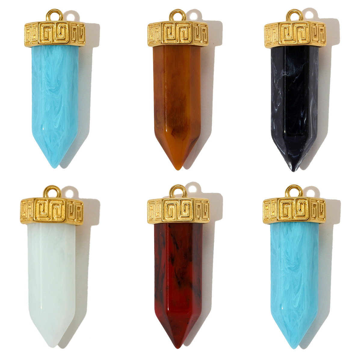 6pcs/pack Stainless Steel Hexagonal Ice Crystals Necklace Pendant Resin Stone Flower DIY Charm Women Eye Yoga Sign Jewelry