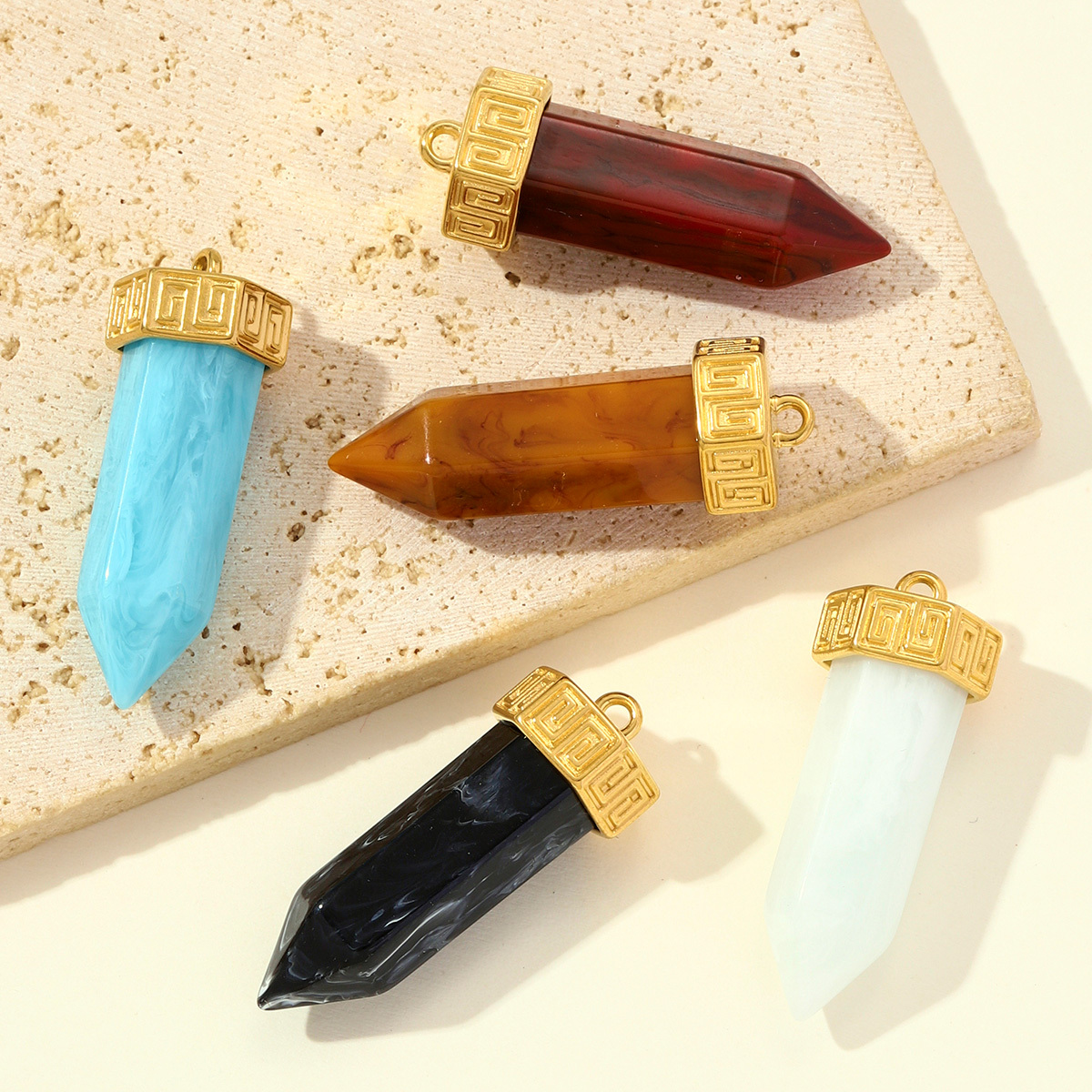 6pcs/pack Stainless Steel Hexagonal Ice Crystals Necklace Pendant Resin Stone Flower DIY Charm Women Eye Yoga Sign Jewelry