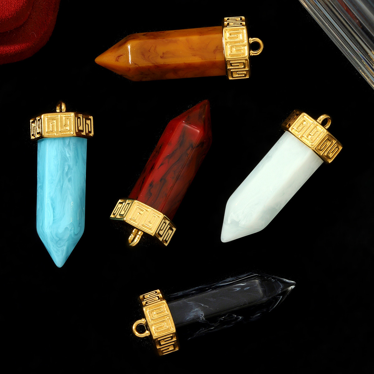 6pcs/pack Stainless Steel Hexagonal Ice Crystals Necklace Pendant Resin Stone Flower DIY Charm Women Eye Yoga Sign Jewelry
