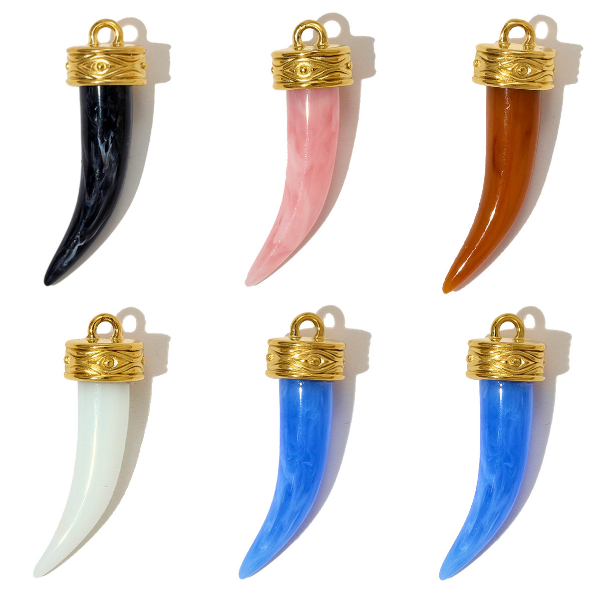 6pcs/pack Stainless Steel Black Agate Ox Horn Necklace Pendant Resin Stone White Shell DIY Charm Women Wolf Tooth Jewelry