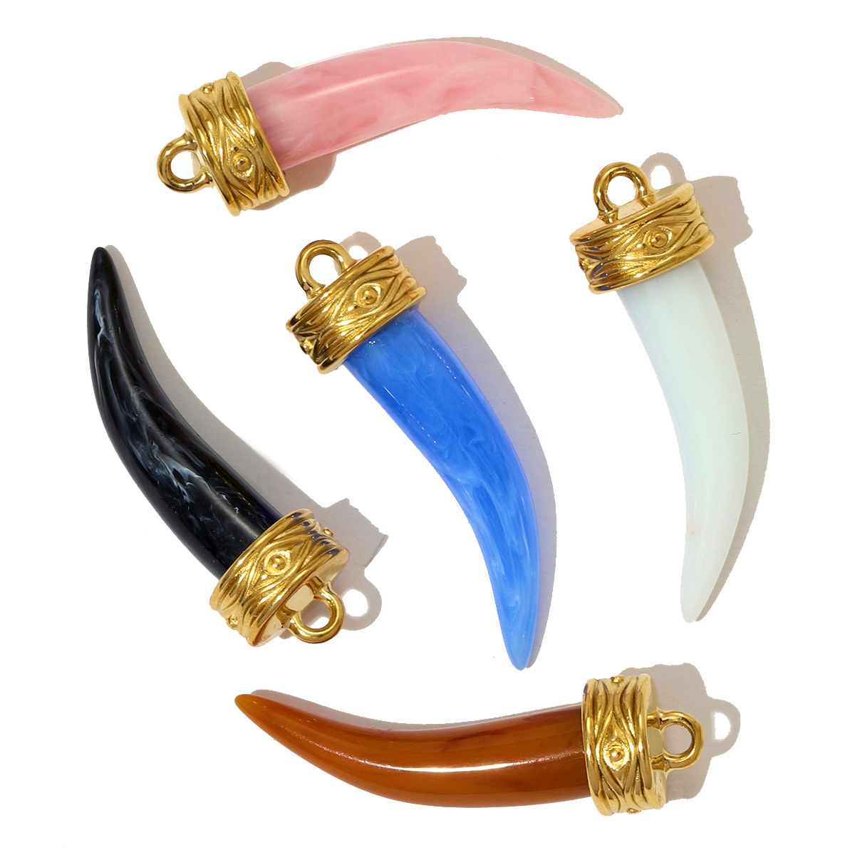 6pcs/pack Stainless Steel Black Agate Ox Horn Necklace Pendant Resin Stone White Shell DIY Charm Women Wolf Tooth Jewelry