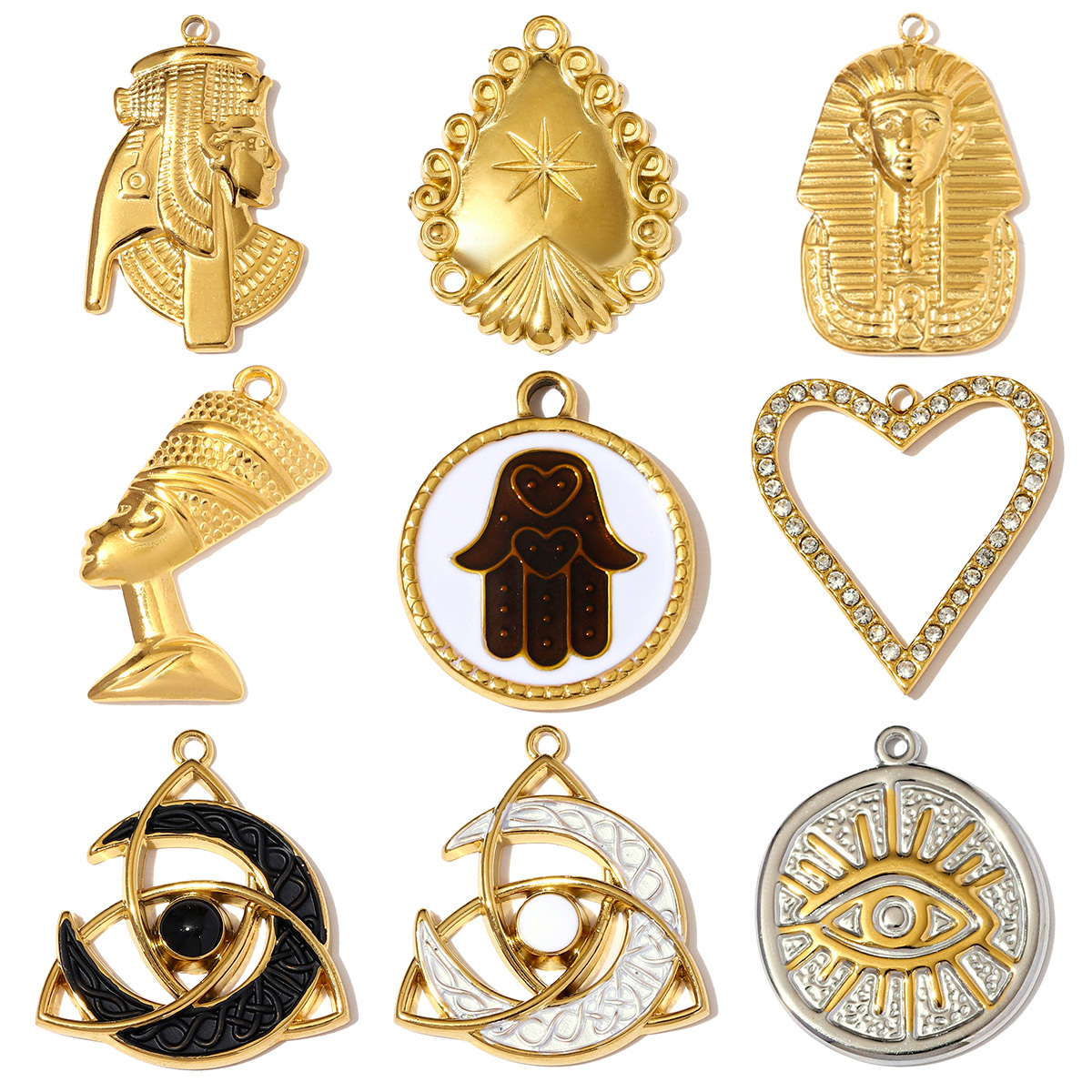 6pcs/pack Fashion Stainless Steel Pharaoh of Egypt Necklace Pendants Eye Hamsa Hand DIY Charms Women Moon Heart Jewelry Wholesale