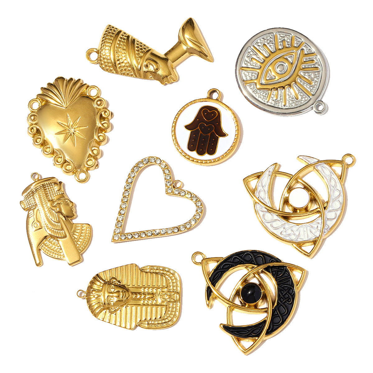 6pcs/pack Fashion Stainless Steel Pharaoh of Egypt Necklace Pendants Eye Hamsa Hand DIY Charms Women Moon Heart Jewelry Wholesale