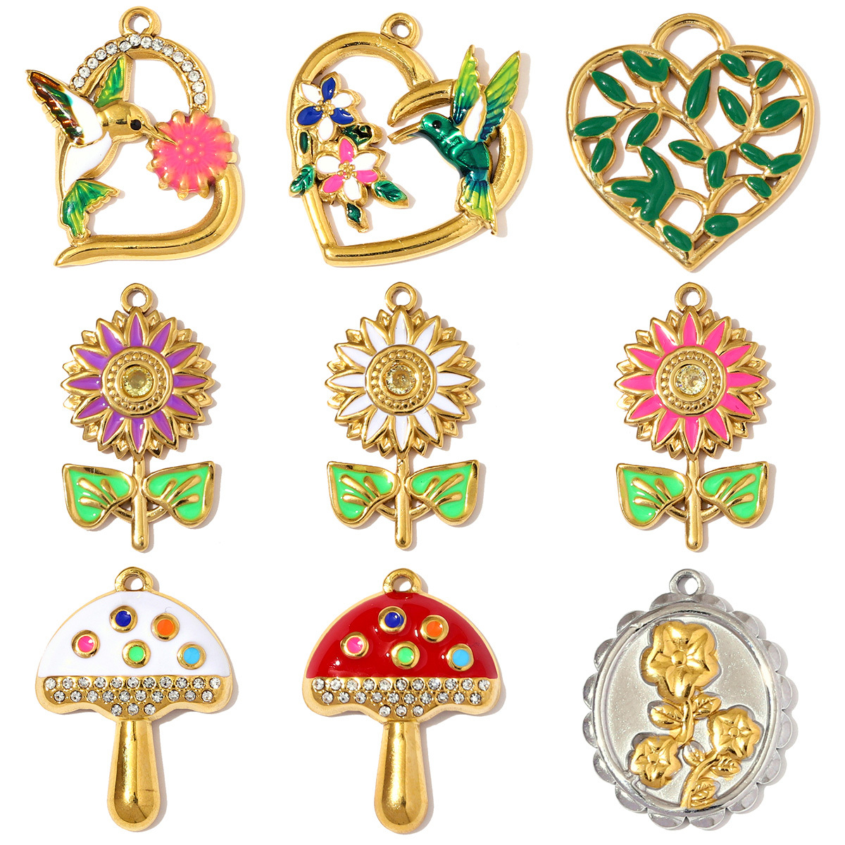 6pcs/pack Stainless Steel Crystal Sunflower Mushroom Necklace Pendants Flower Magpie DIY Charms Women Heart Jewelry Wholesale