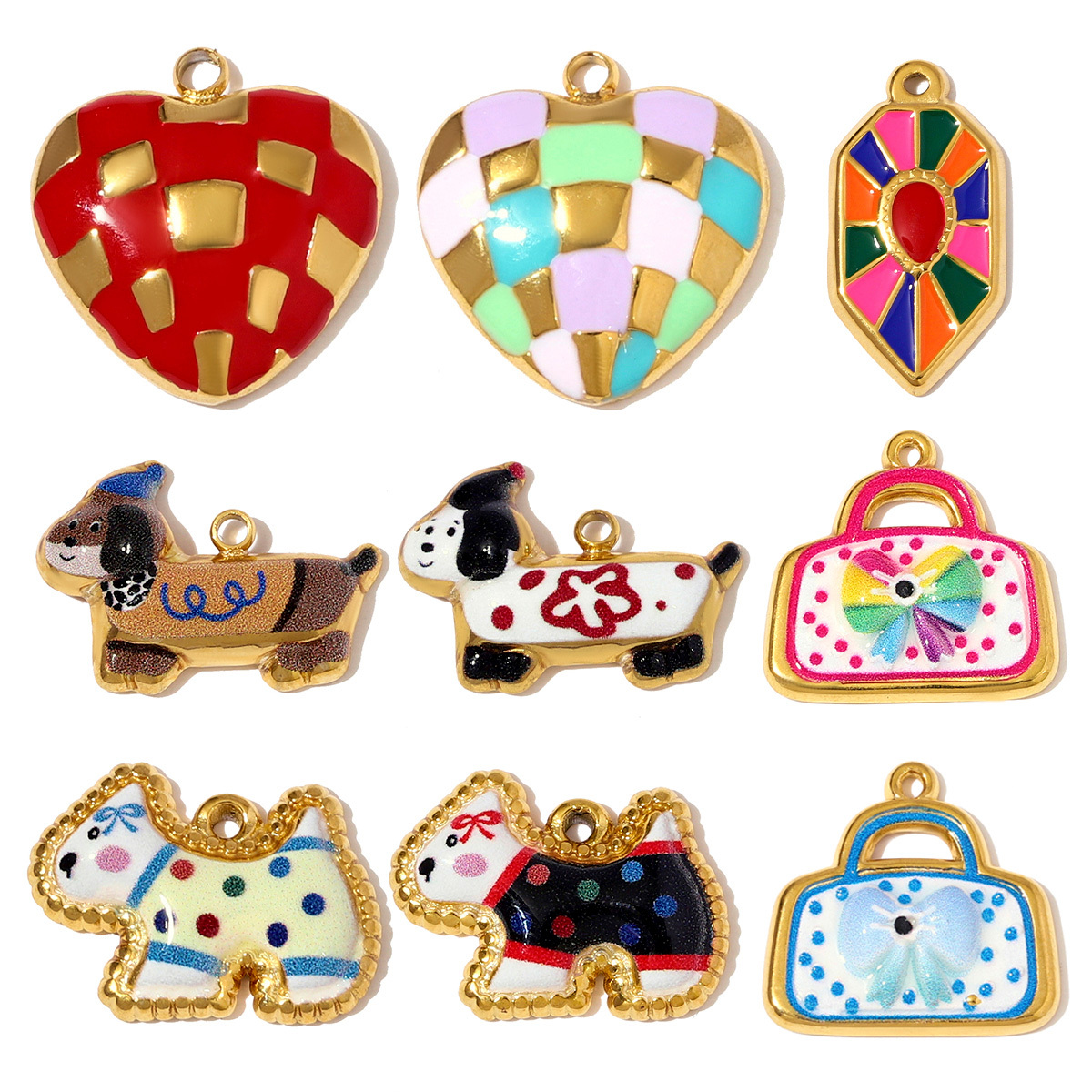 6pcs/pack Cute Stainless Steel Enamel Dog Cat Necklace Pendants Painted Handbag DIY Charms Women Love Heart Jewelry Wholesale
