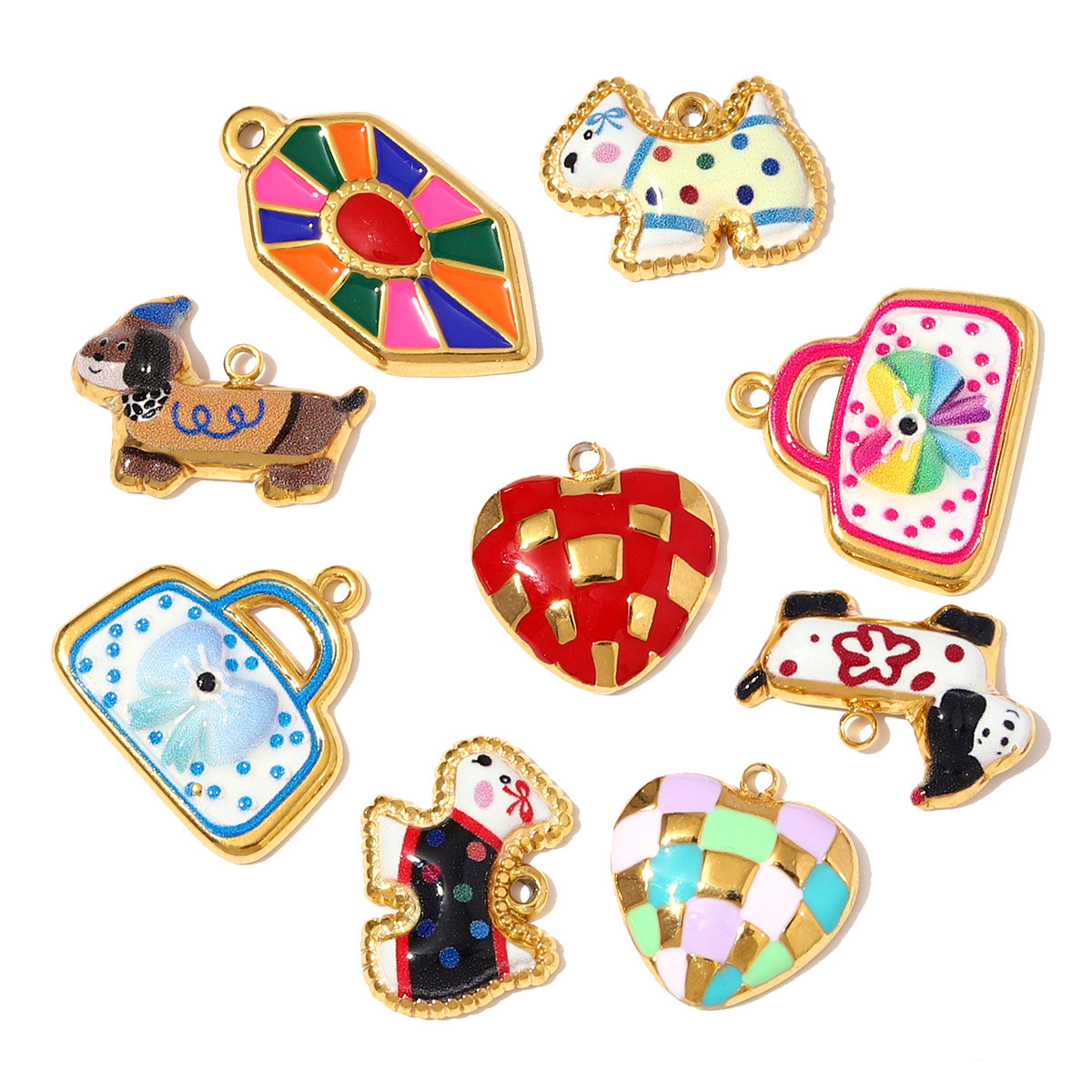 6pcs/pack Cute Stainless Steel Enamel Dog Cat Necklace Pendants Painted Handbag DIY Charms Women Love Heart Jewelry Wholesale