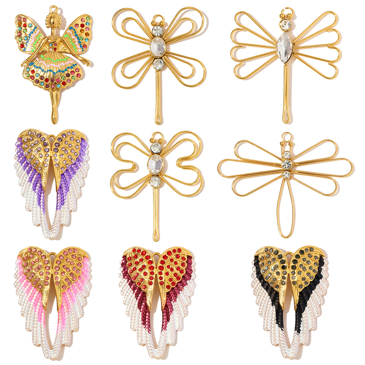 6pcs/pack Big Size Stainless Steel Enamel Angel Wing Necklace Pendants Fairy DIY Charms Women Butterfly Dragonfly Jewelry Wholesale