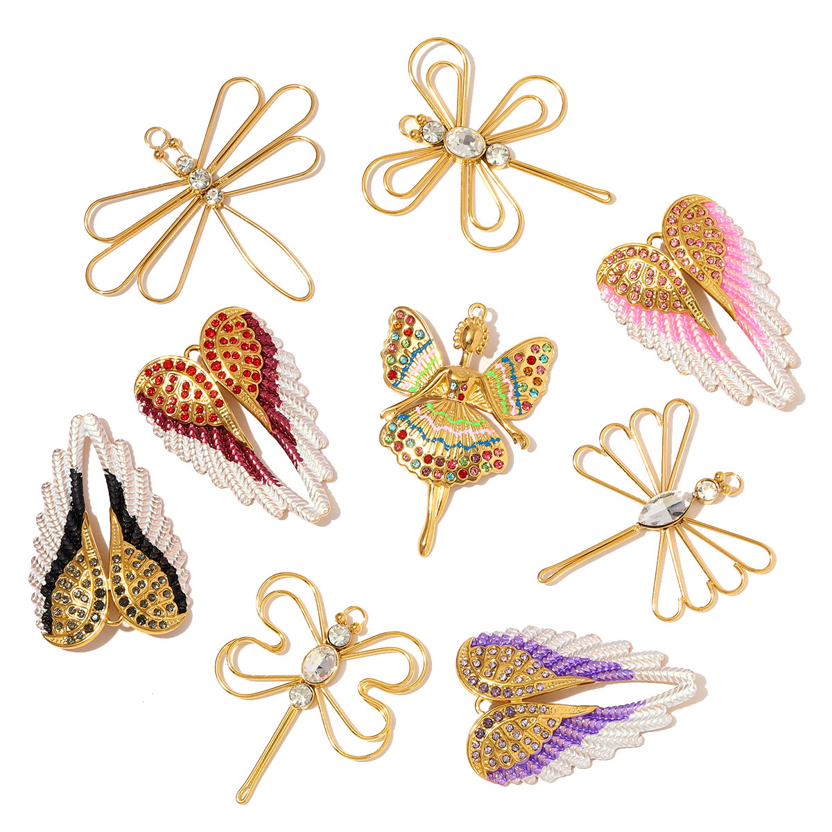 6pcs/pack Big Size Stainless Steel Enamel Angel Wing Necklace Pendants Fairy DIY Charms Women Butterfly Dragonfly Jewelry Wholesale