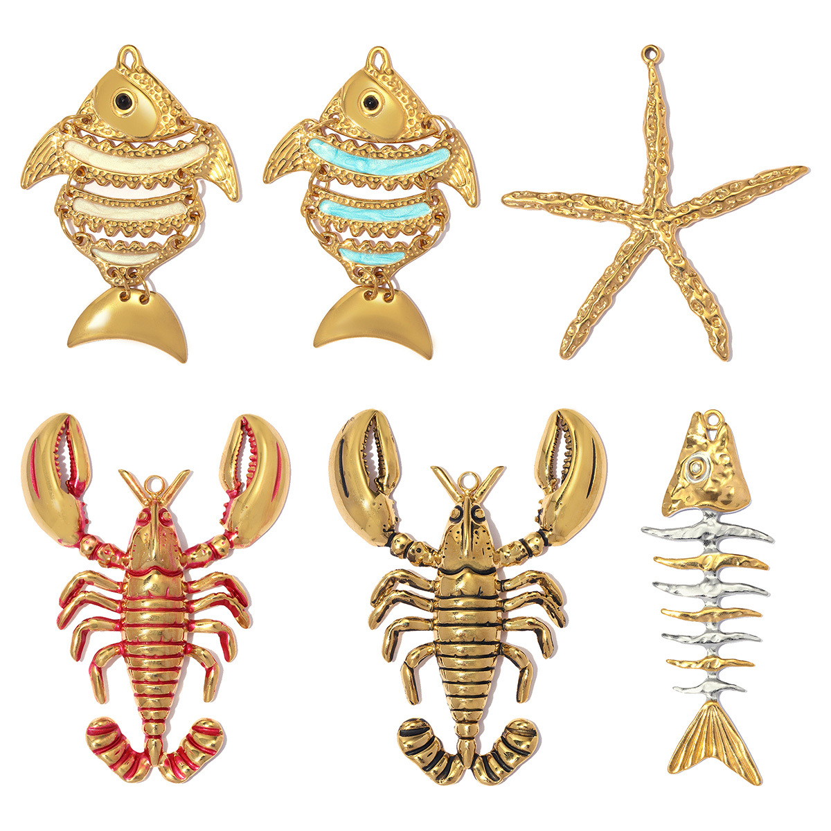 6pcs/pack Large Size Stainless Steel Lobster DIY Earring Charms Starfish Necklace Pendant Women Lucky Fish Bone Jewelry Wholesale