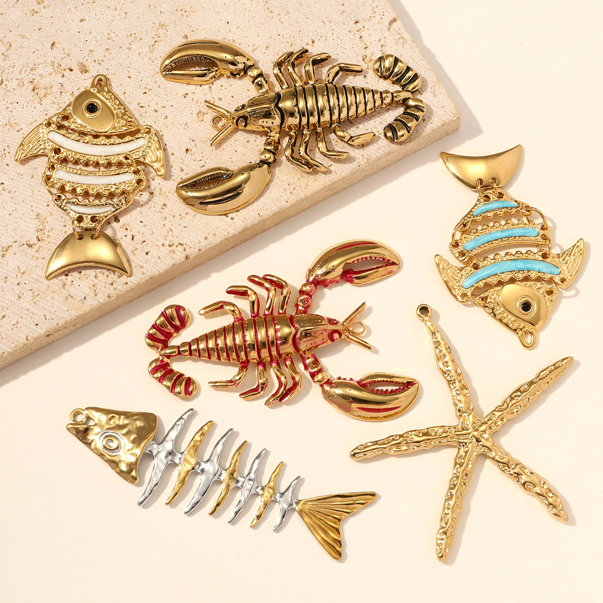 6pcs/pack Large Size Stainless Steel Lobster DIY Earring Charms Starfish Necklace Pendant Women Lucky Fish Bone Jewelry Wholesale
