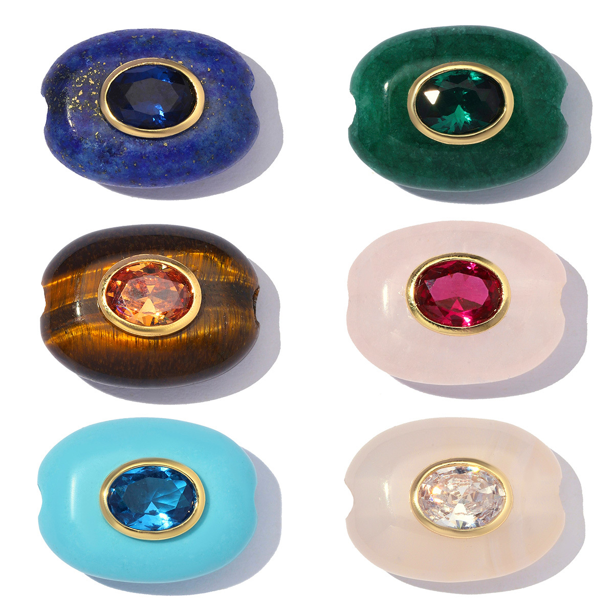 6pcs/Lot Copper Powder Crystal DIY Bracelet Beads Zircon Natural Tiger Eye Stone Oval Charms for Women Bracelet Jewelry Wholesale