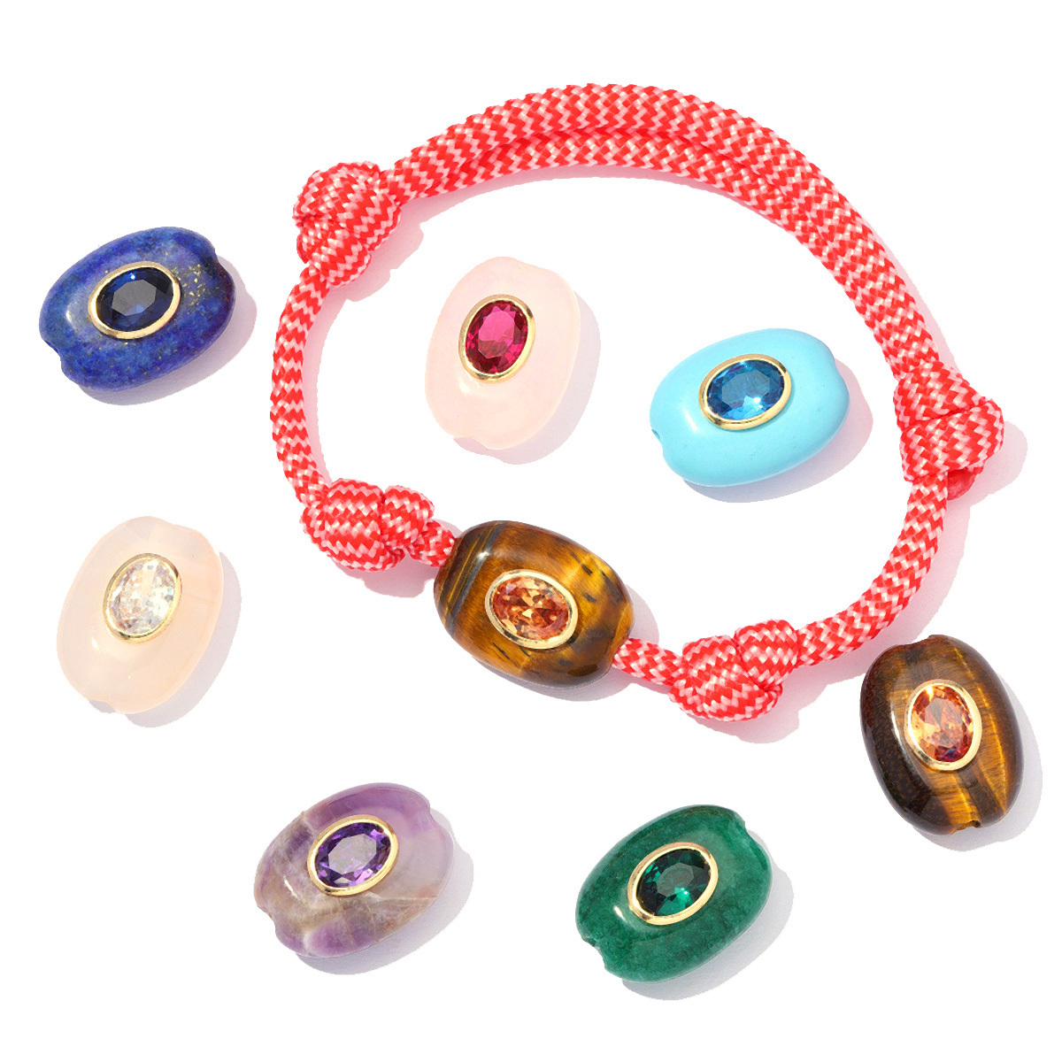 6pcs/Lot Copper Powder Crystal DIY Bracelet Beads Zircon Natural Tiger Eye Stone Oval Charms for Women Bracelet Jewelry Wholesale