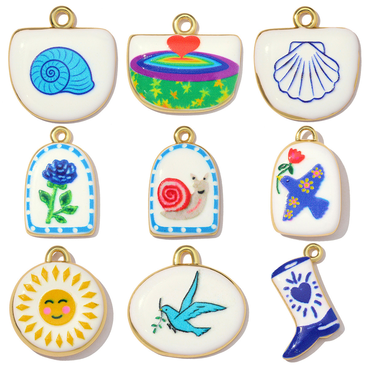 6pcs/pack Copper Enamel Evil Eye House DIY Earring Charms Pizza Star Moon Necklace Pendants Women Round Jewelry Wholesale