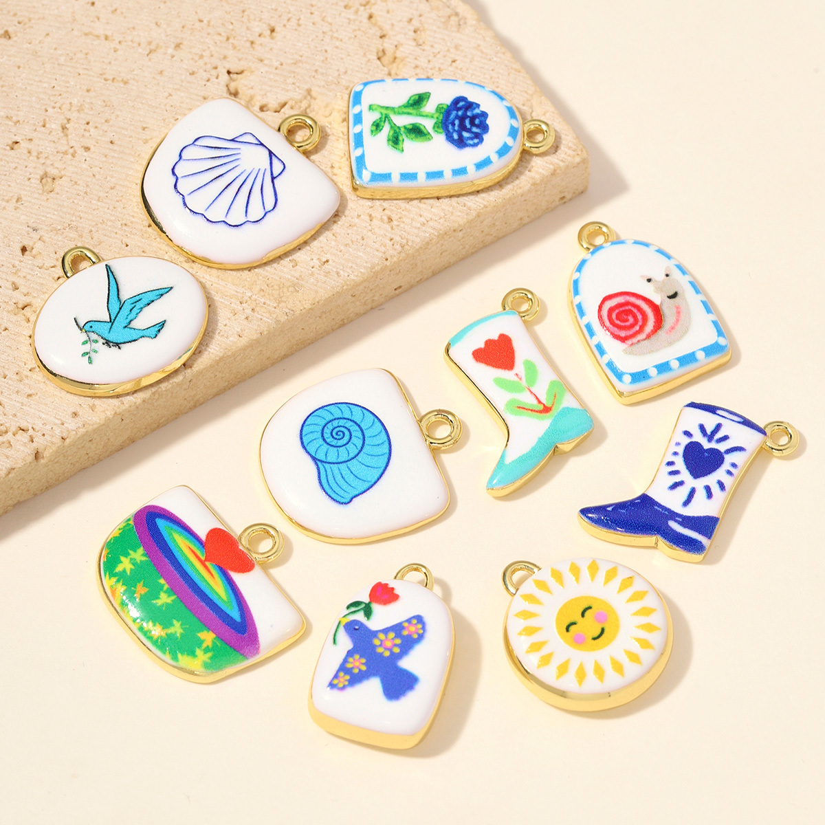 6pcs/pack Copper Enamel Flower Boot Sun DIY Earring Charms Dove Snail Shell Necklace Pendants Women Geometric Jewelry Wholesale