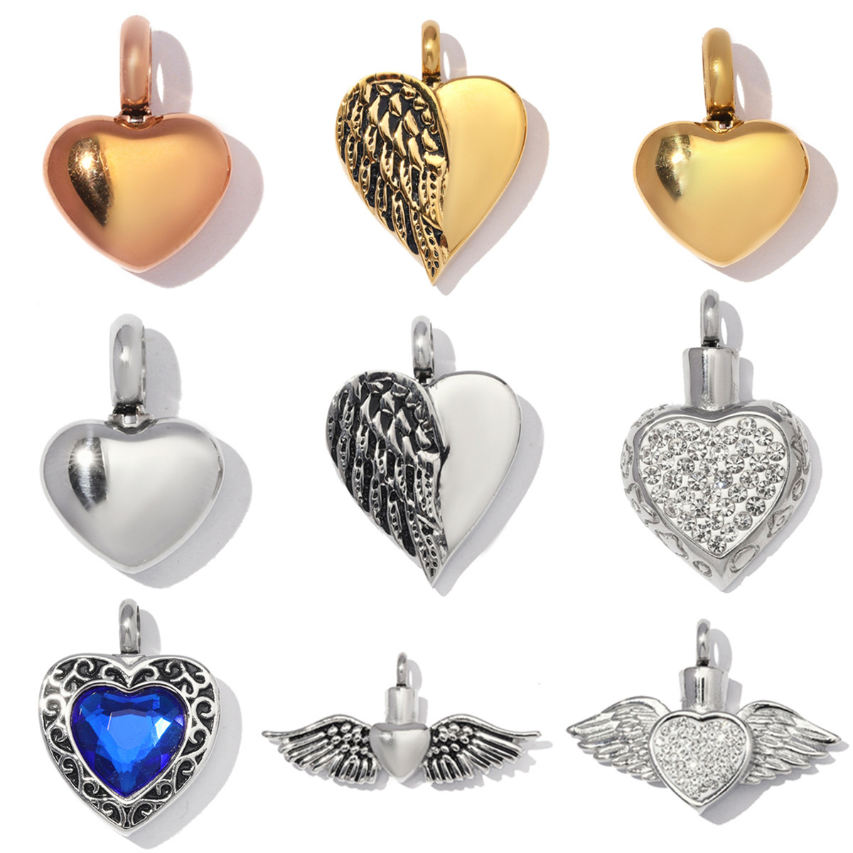 2pcs/Lot Stainless Steel Openable Heart Urn Necklace Pendants for Pet Ashes Keepsakes Memorial Rhinestone Wing Jewelry Wholesale