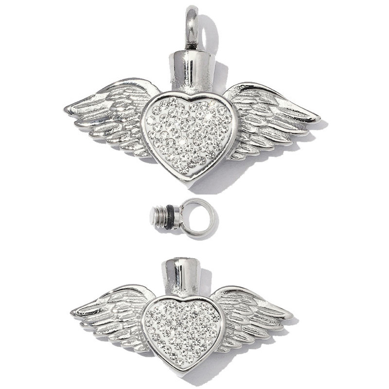 2pcs/Lot Stainless Steel Openable Heart Urn Necklace Pendants for Pet Ashes Keepsakes Memorial Rhinestone Wing Jewelry Wholesale