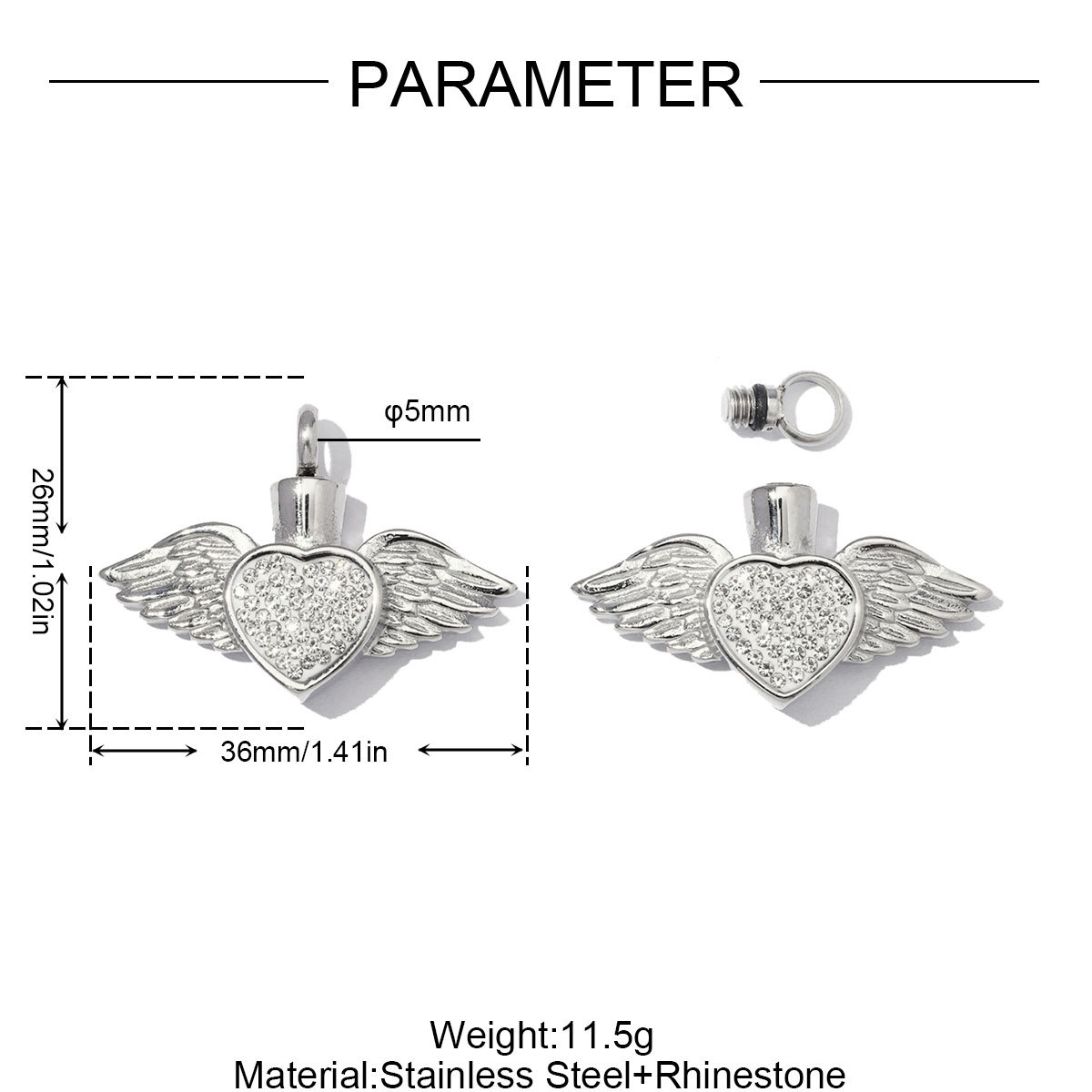 2pcs/Lot Stainless Steel Openable Heart Urn Necklace Pendants for Pet Ashes Keepsakes Memorial Rhinestone Wing Jewelry Wholesale