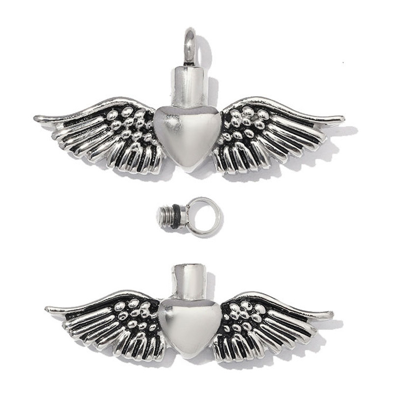 2pcs/Lot Stainless Steel Openable Heart Urn Necklace Pendants for Pet Ashes Keepsakes Memorial Rhinestone Wing Jewelry Wholesale