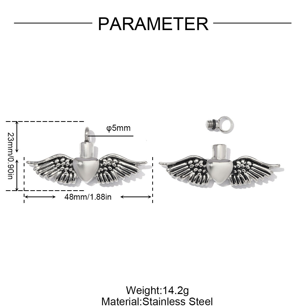 2pcs/Lot Stainless Steel Openable Heart Urn Necklace Pendants for Pet Ashes Keepsakes Memorial Rhinestone Wing Jewelry Wholesale